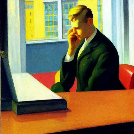 Prompt: a detailed painting, blonde man at a office desk, edward hopper,