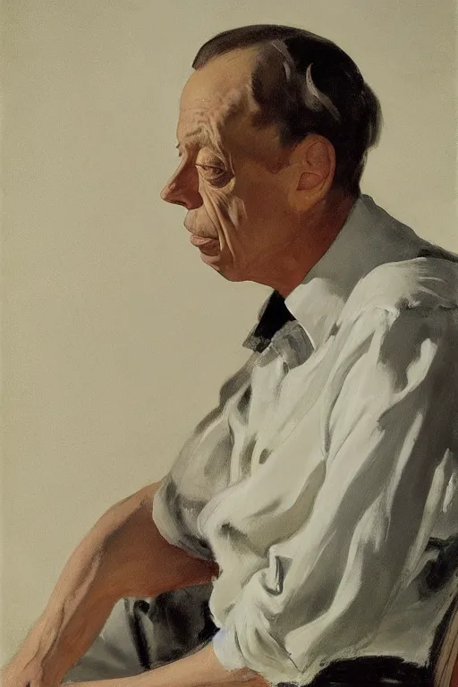 Image similar to portrait of don knotts sitting with full face full figure, in the style of expressionism, soft light, volumetric light, subsurface scattering, translucent skin, john singer sargent, andrew wyeth, jamie wyeth, john singer sargent,