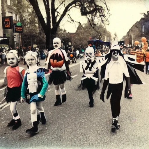 Image similar to a vivid, colorful polaroid photograph of kids in Halloween costumes marching in a parade