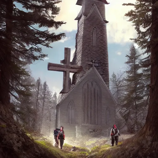 Prompt: a group of hikers stumble across a church steeple buried in the ground. artstation, illustration, concept art, forest, mountains