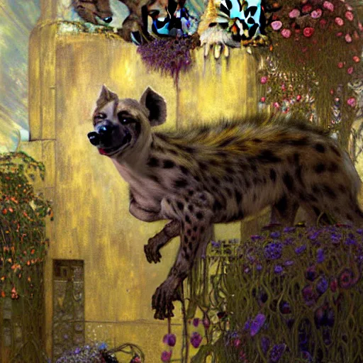 Image similar to portrait of a hyena gnoll as a florist. shadowrun furaffiniy cyberpunk fantasy highly detailed painting by gaston bussiere craig mullins jc leyendecker gustav klimt artgerm greg rutkowski john berkey, bergey, craig mullins, ruan jia, raymond swanland, jeremy mann, tom lovell, alex malveda