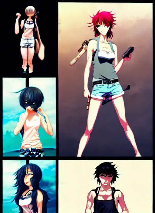 Image similar to style of madhouse anime, rei hiroe, loish, artgerm, joshua middleton, revy from black lagoon, symmetrical eyes and symmetrical face, jean shorts, white tank top, middle shot, action pose, on a boat, smirk on face, evening, natural lighting