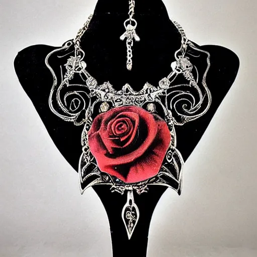 Image similar to gothic style necklace of a vampiress on a rose throne walks in dark beauty with ornamental garments with artnouveau framed bezel highly detailed
