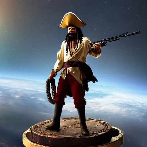 Prompt: a pirate holding a machine gun standing on top of a space ship