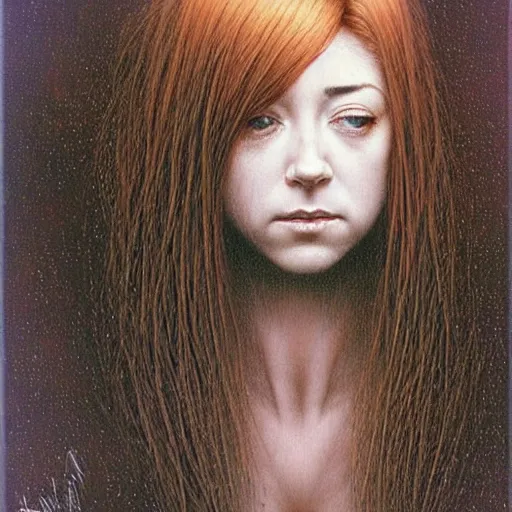 Image similar to 2 0 years old alyson hannigan with short hairs by beksinski, luis royo