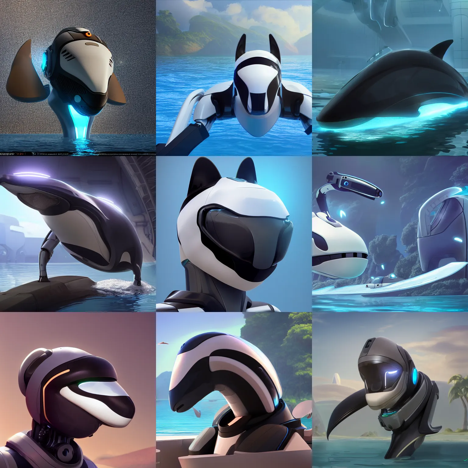 Prompt: male robotic anthro orca, visor screen for face, snout under visor, commission on furaffinity, cgsociety, deviantart, subnautica, octane render