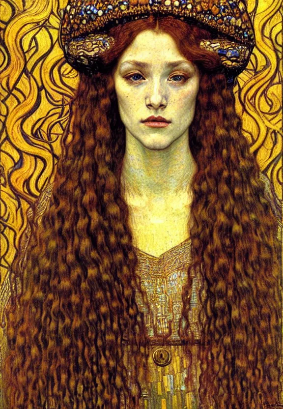 Image similar to detailed realistic beautiful young medieval queen face portrait by jean delville, gustav klimt and vincent van gogh, art nouveau, symbolist, visionary, gothic, pre - raphaelite, muted earthy colors, desaturated