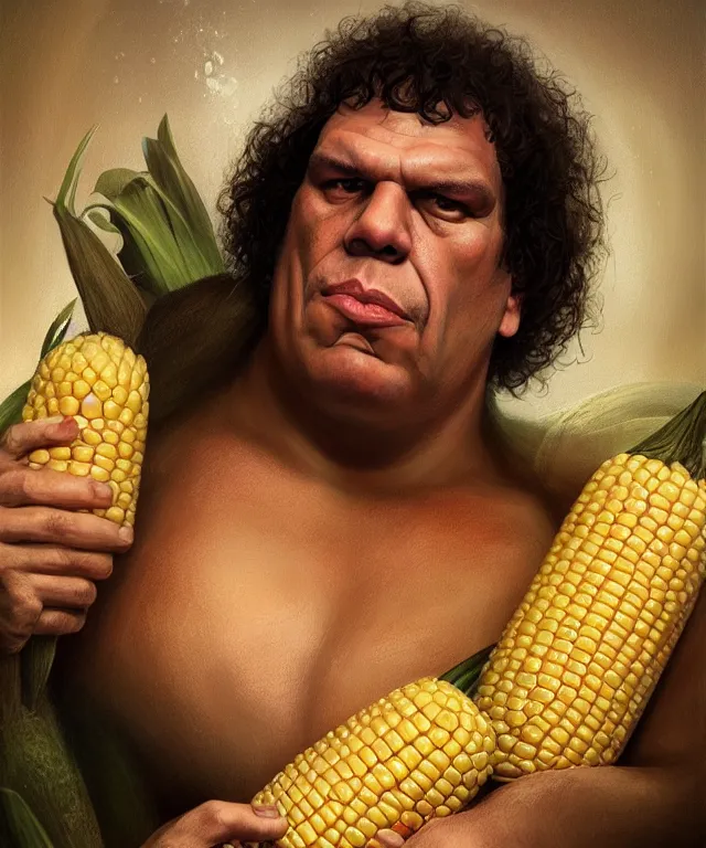 Prompt: andre the giant, cinematic, in a bathtub, holding a giant corn, elegant, highly detailed, digital painting, artstation, smooth, hard focus, illustration, art by jessica rossier and and brian froud