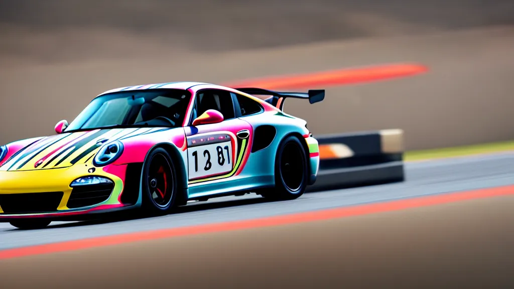 Prompt: a kandinsky pattern color porsche 9 1 1 carrera gt le mans in shape of silvia rocket bunny edition, race track background, long shutter speed, retro style, modern car design, 8 k resolution, hasselblad photo