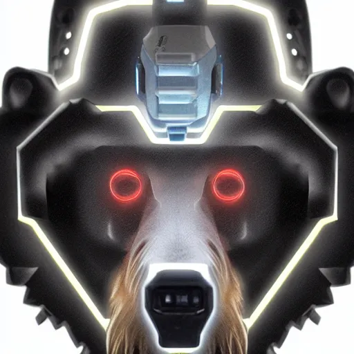 Prompt: an immaculate high key lighting headshot rendering of a cybernetic grizzly with embedded LEDs, a cybernetic eye, and an exoskeleton.