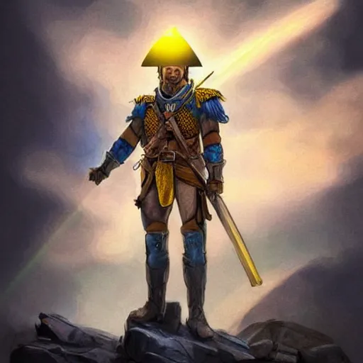 Image similar to a full body shot from distance of a great soldier with a yellow and blue flag standing in the beam of light from the clouds in a triumph after battle, western, masculine figure, D&D, fantasy, intricate, elegant, highly detailed, digital painting, artstation, concept art, matte, sharp focus, symmetrical, illustration, art by Artgerm and Greg Rutkowski and Alphonse Mucha