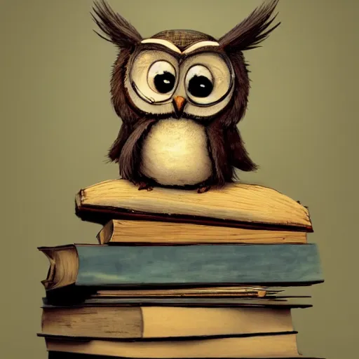 Prompt: long shot of a very cute plushy tired owl sitting on a pile of antique books, by esao andrews, by james jean, humorous illustration, hyperrealistic, big depth of field, fresh colors, dim light, 3 d octane render conceptart, 4 k, hyperdetailed, trending on artstation