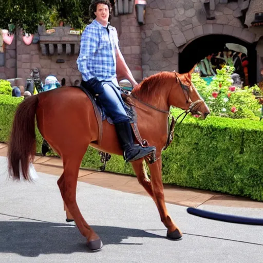 Prompt: andy samberg riding a horse in disneyland super realistic photo