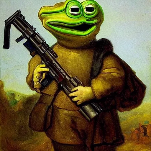 Prompt: a painting of Pepe the frog of 4chan holding an AR-16 made by Rembrandt van Rijn