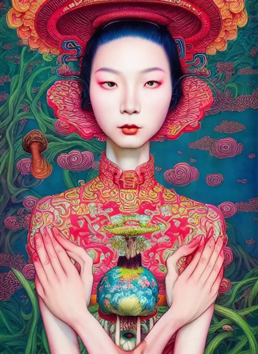 Image similar to pretty chinese model with hallucination mushroom : : by martine johanna and simon stalenhag and chie yoshii and casey weldon and wlop : : ornate, dynamic, particulate, rich colors, intricate, elegant, highly detailed, vogue, harper's bazaar art, fashion magazine, smooth, sharp focus,