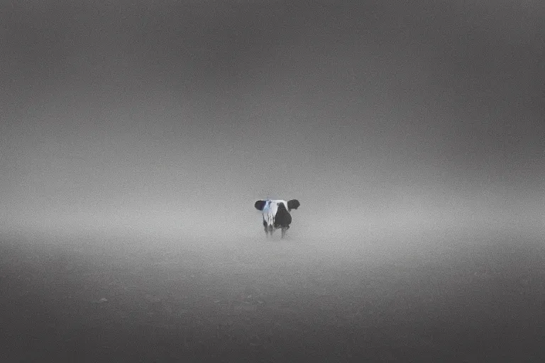 Prompt: film photography, straight colors, minimalism, cow in the blue fog, 35mm