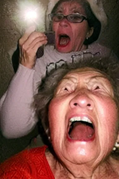 Prompt: an old grandma screaming because she accidentally took a selfie with the flash on