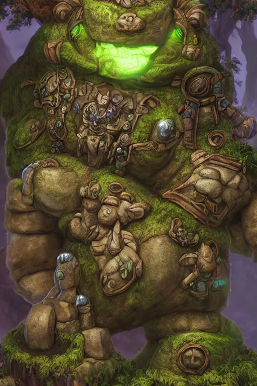 Image similar to zelda fantasy art giant golem troll wood rock greeble gemstone, global illumination ray tracing hdr fanart arstation by sung choi and eric pfeiffer and gabriel garza and casper konefal