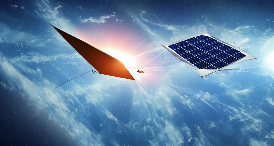 Image similar to solar sail, floating in space between the sun and earth, cartoon illustration