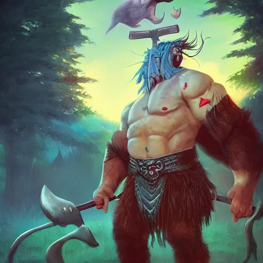 Prompt: a hyper realistic full body portrait of a cartoon character brought to the real world, a combination of a beefy conan the barbarian and a warlock with a kind heart, in the background is a normal suburban backyard by Anato Finnstark, Jordan Grimmer, Ross Tran, 8k,