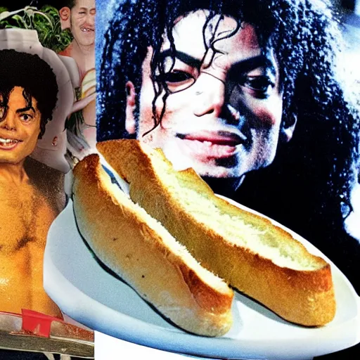 Image similar to Michael Jackson swimming in garlic bread