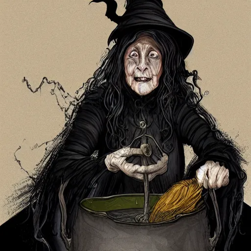 Prompt: An old wrinkled witch dressed in black stirring her cauldron. high detail, digital art, fantasy, RPG, concept art, illustration