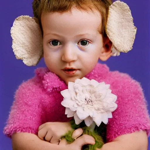 Prompt: Portrait photo of a baby Mark Zuckerberg with flower, photographed by Anne Geddes