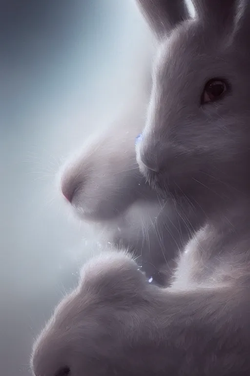 Image similar to white bunny with black spots on face and nose, realistic and ultra intricate detailed soft painting, volumetric lighting, mist, cityscape background, Artstation, Tom Bagshaw Yasushi Nirasawa Moebius artstyle, unreal render, depth of field ,