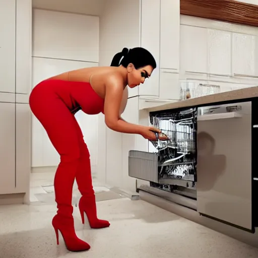 Image similar to kim kardashian fixing a dishwasher in a dirty kitchen, photorealist, ultra hd