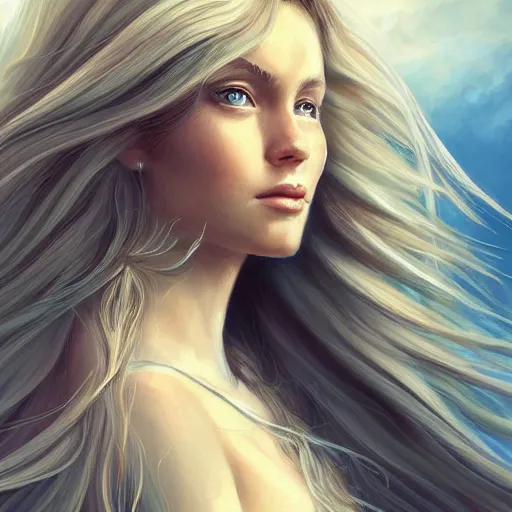 Image similar to A portrait of an attractive young female wind angel, beautiful long wild blond hair, clouds in the back, intricate, highly detailed, elegant, digital painting, trending on artstation