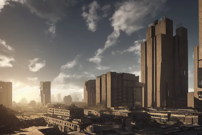 Image similar to streetscape, a towering cathedral of brutalist architecture, buildings covered with greebles, stunning volumetric light, sunset, metal, concrete and translucent material, stunning skies, majestic landscape, trending on Artstation, 8k, photorealistic, hyper detailed, unreal engine 5, IMAX quality, cinematic, epic lighting, in the style of Greg Rutkowski