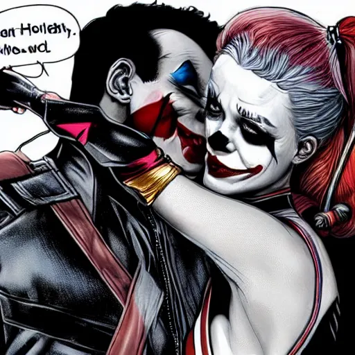 Image similar to Harley Quinn kissing the joker, realistic, highly detailed