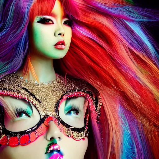 Image similar to japanese model with maximalist hair style and makeup, bright colors, fashion model, portrait shot, glitter, depth of field, 8 k, hyper detailed, intricate, trending on artstation
