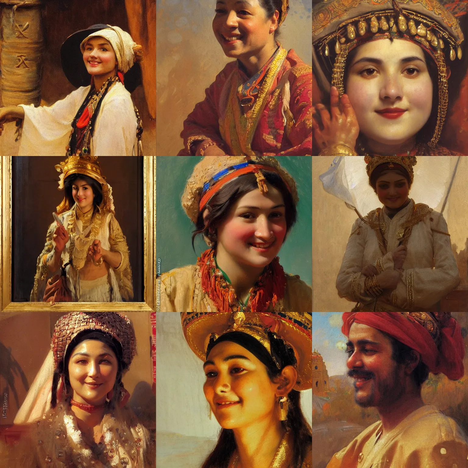 Prompt: orientalism cute smiling attendant at sacred site face detail by theodore ralli and nasreddine dinet and anders zorn and nikolay makovsky and edwin longsden long, oil on canvas, masterful intricate artwork, excellent lighting, high detail 8 k