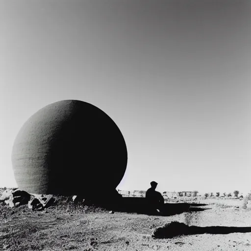 Prompt: a man sitting outside a Non-Euclidean orb-like clay house sitting in the desert, vintage photo, beautiful cinematography, blue sky, film grain, extreme wide shot, far away, James Turrell