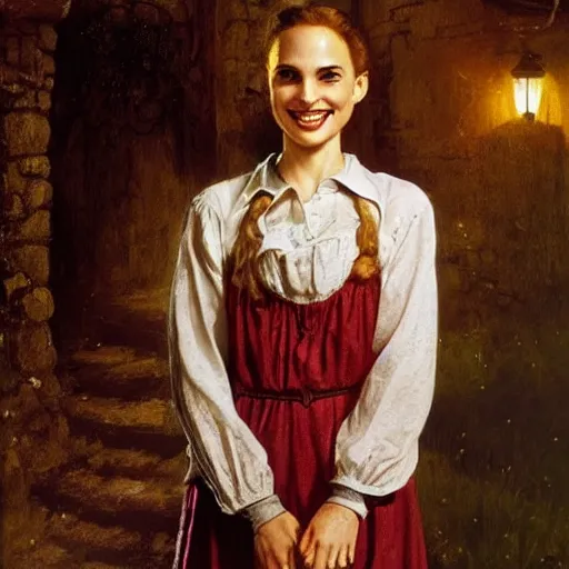 Prompt: young, freckled, curly haired, redhead Natalie Portman as a optimistic!, cheerful, giddy medieval innkeeper in a dark medieval inn. dark shadows, colorful, ((candle light)), law contrasts, fantasy concept art by Jakub Rozalski, Jan Matejko, and J.Dickenson