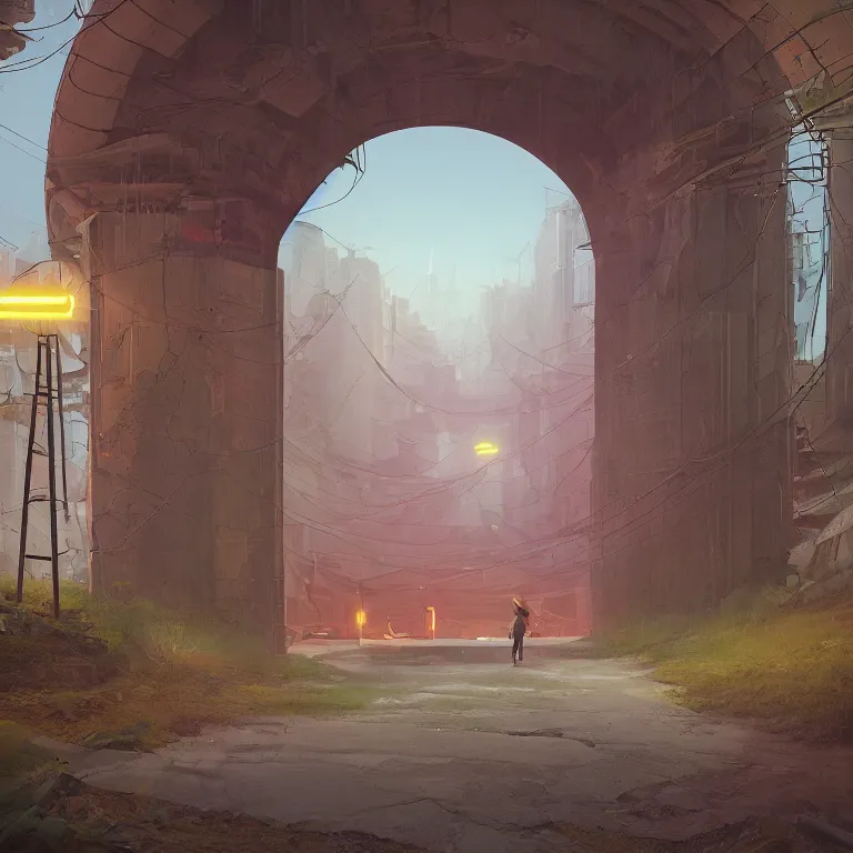 Image similar to through a portal. Detailed digital matte painting in the style of simon stalenhag