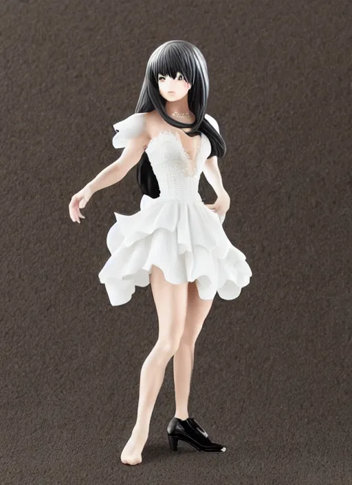 Image similar to Product Introduction Photos, 4K, Full body, 80mm resin detailed miniature of a very muscular lady in White and lacy ruffled mini-skirt, dark skin, black hair