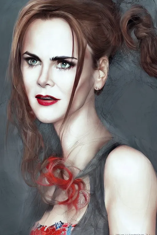 Image similar to mix of beautiful young maria shriver, mariel hemmingway, brooke shields, nicole kidman and elle macpherson as a vampire with mouth open with sharp teeth, thin lips, hair tied up in a pony tail, dark blonde hair, colorful, artstation, cgsociety