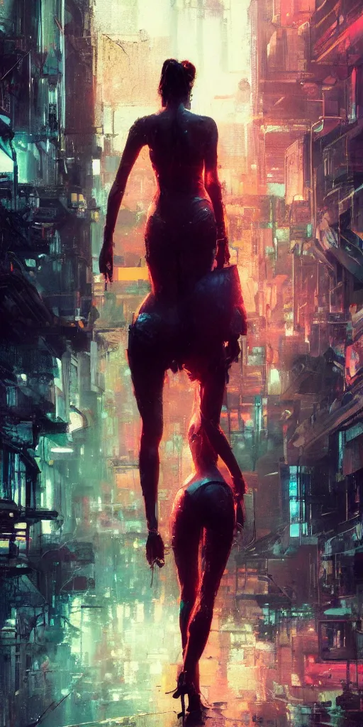 Prompt: back view a beautiful girl, cyberpunk, intimate, high quality, assurance purposes, city, spotlight, passionate, by greg rutkowski, by jeremy mann, by francoise nielly, 4 k, 8 k, fine body