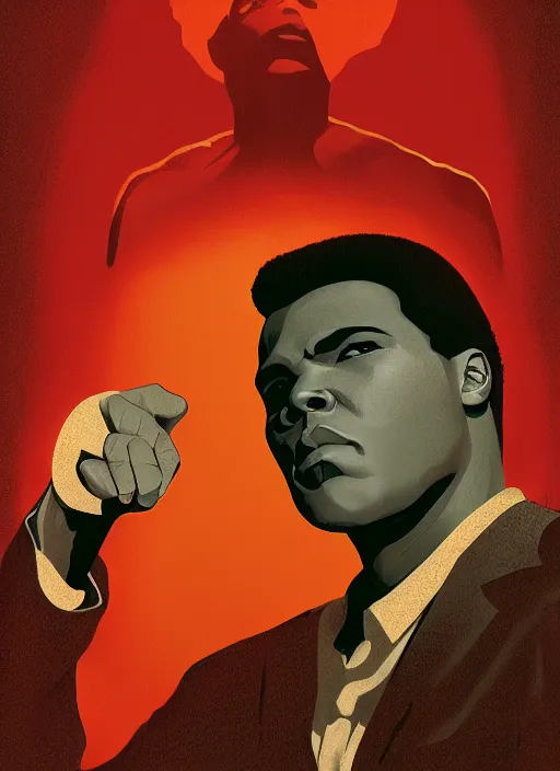 Prompt: Twin Peaks poster artwork by Michael Whelan and Tomer Hanuka, Rendering of portrait of Muhammad Ali, full of details, by Makoto Shinkai and thomas kinkade, Matte painting, trending on artstation and unreal engine