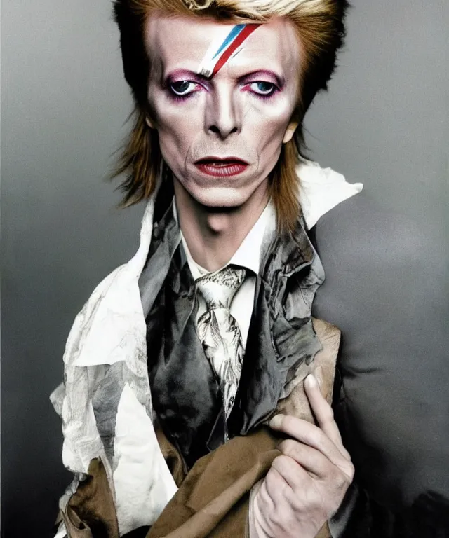 Image similar to a color photograph of david bowie, by annie leibovitz, platinum blond, intense, bold, exaggerated, overblown, ultra sharp, extra details, ultra high quality, trending on pinteresst