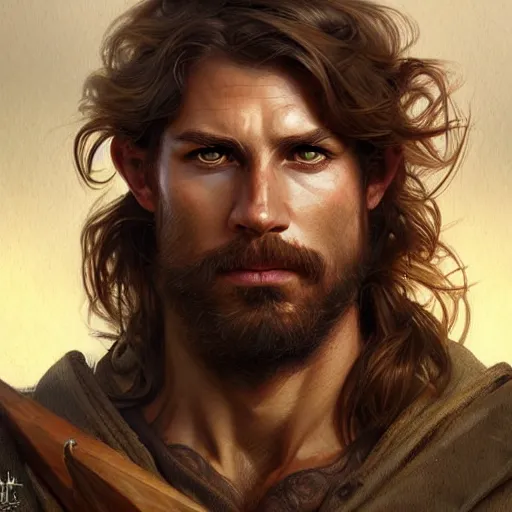 Image similar to Portrait of rugged male ranger, D&D, amber eyes, face, long hair, muscular, fantasy, intricate, elegant, highly detailed, digital painting, artstation, concept art, smooth, sharp focus, illustration, art by artgerm and greg rutkowski and alphonse mucha