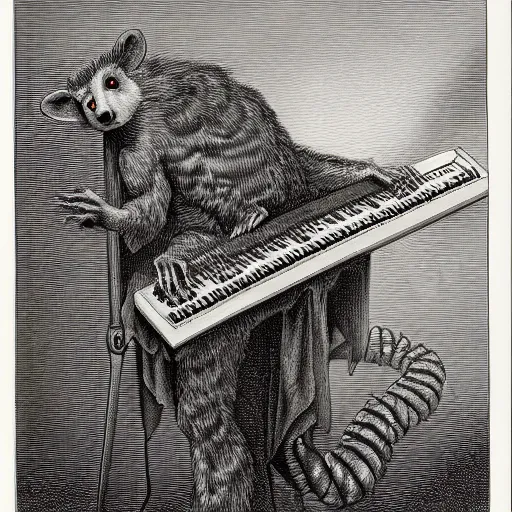 Prompt: A demonic opossum playing a keytar by Gustave Dore, full body grayscale drawing, disturbing, hellish