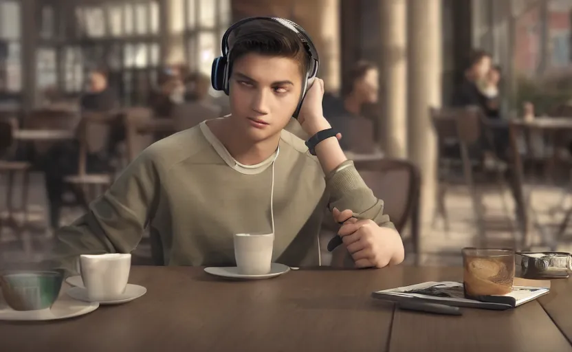 Image similar to a male teenager with headphones in a cafe sitting in front of a table with a coffee, digital painting, masterpiece, digital art, concept art, octane render, unreal engine 5, trending on deviantart, highly detailed, high quality, 4 k, cartoon, high coherence, realistic, anatomically correct, five fingers, relaxing, realistic and detailed face, beautiful, elegant