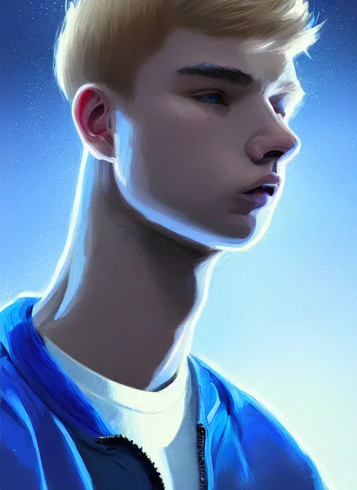 Image similar to portrait of high school senior boy named big moose, blonde short hair, jock, beefy, wide face, square jaw, square facial structure, blue varsity jacket with letter r, intricate, elegant, glowing lights, highly detailed, digital painting, artstation, concept art, sharp focus, illustration, art by wlop, mars ravelo and greg rutkowski