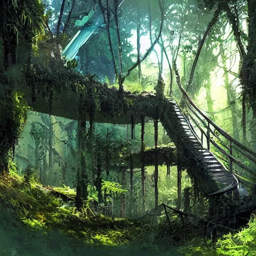 Image similar to stairs leading to a derelict portal in a middle of a lush futuristic forest, alien world seen through a portal, daylight, cinematic lighting, blue sky, syd mead, john harris