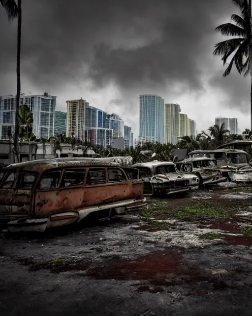 Prompt: wide angle shot of dilapidated fallout 5 miami, tropical coastal city, desolate, dilapidated, some rusted retro futuristic vintage parked vehicles like cars, buses, trucks, trams, slight overcast weather, fog, volumetric lighting, photorealistic, daytime, autumn, sharp focus, ultra detailed,