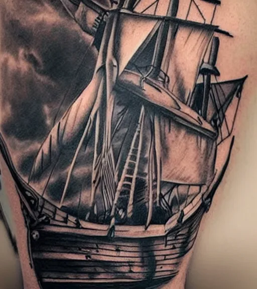 Image similar to a pirate ship, realism tattoo design, highly detailed tattoo, shaded tattoo, hyper realistic tattoo