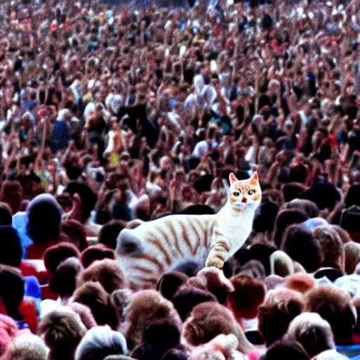 Prompt: a cat performing at the Live Aid Concert (1985), color photograph, Queen, Freddy Mercury, singer, Wembley Stadium, large crowd